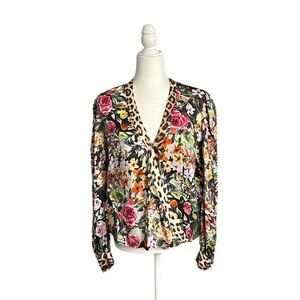 Generation Love blouse tan red & black floral animal print faux wrap over size S